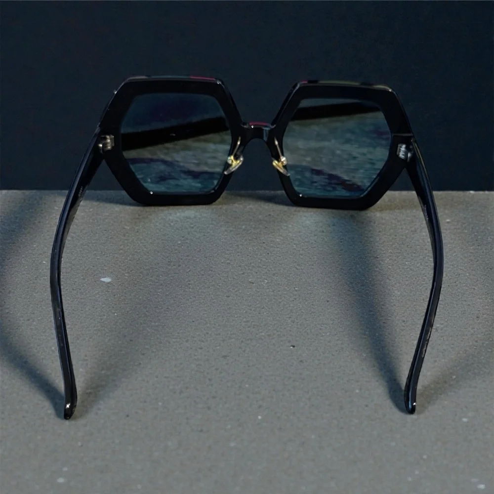 Black With Blue Lens Tint Hexagonal Sunglasses